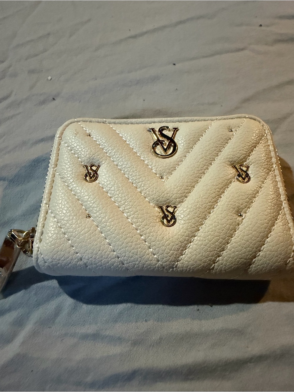Victoria's Secret White Quilted Wristlet with Gold VS Emblems